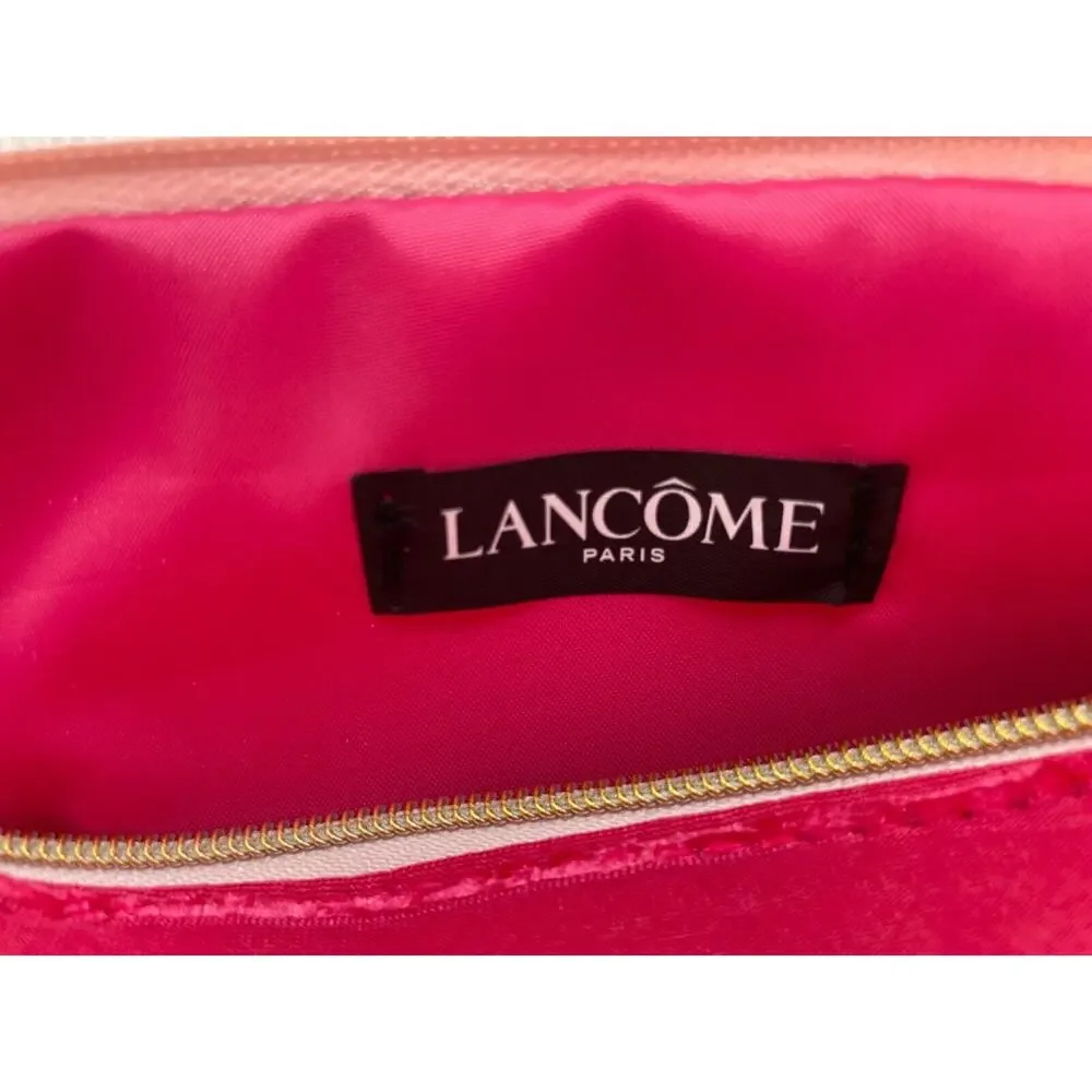 Lancome Pink Striped Makeup Bag with Rhinestore Rose Zipper Charm